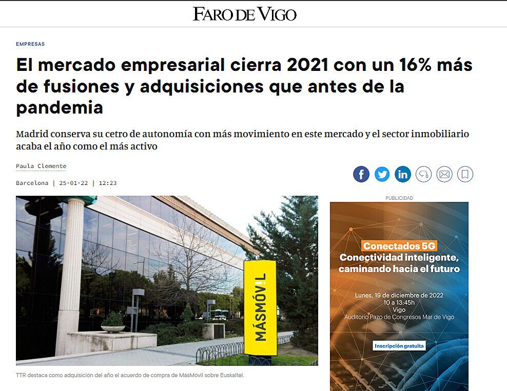 El mercado empresarial cierra 2021 con un 16% ms de fusiones y adquisiciones que antes de la pandemia